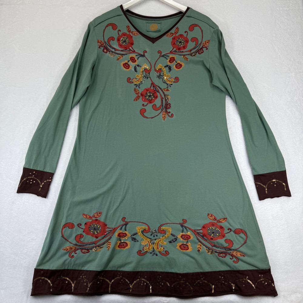 Double D Ranchwear Sage Green Beaded‎ Floral Embroidered Tunic Dress L READ